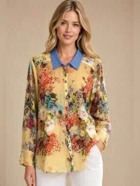 Aratta Silent Journey Medium Yellow Floral Scalloped Hem High Low Blouse Shirt